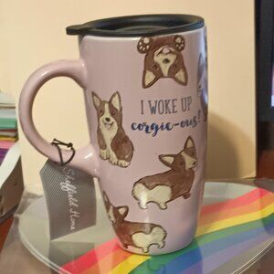 NWT ~ Sheffield Home I Woke Up Corgie-ous Pink Stoneware Coffee Mug 16 Oz w/ Lid
